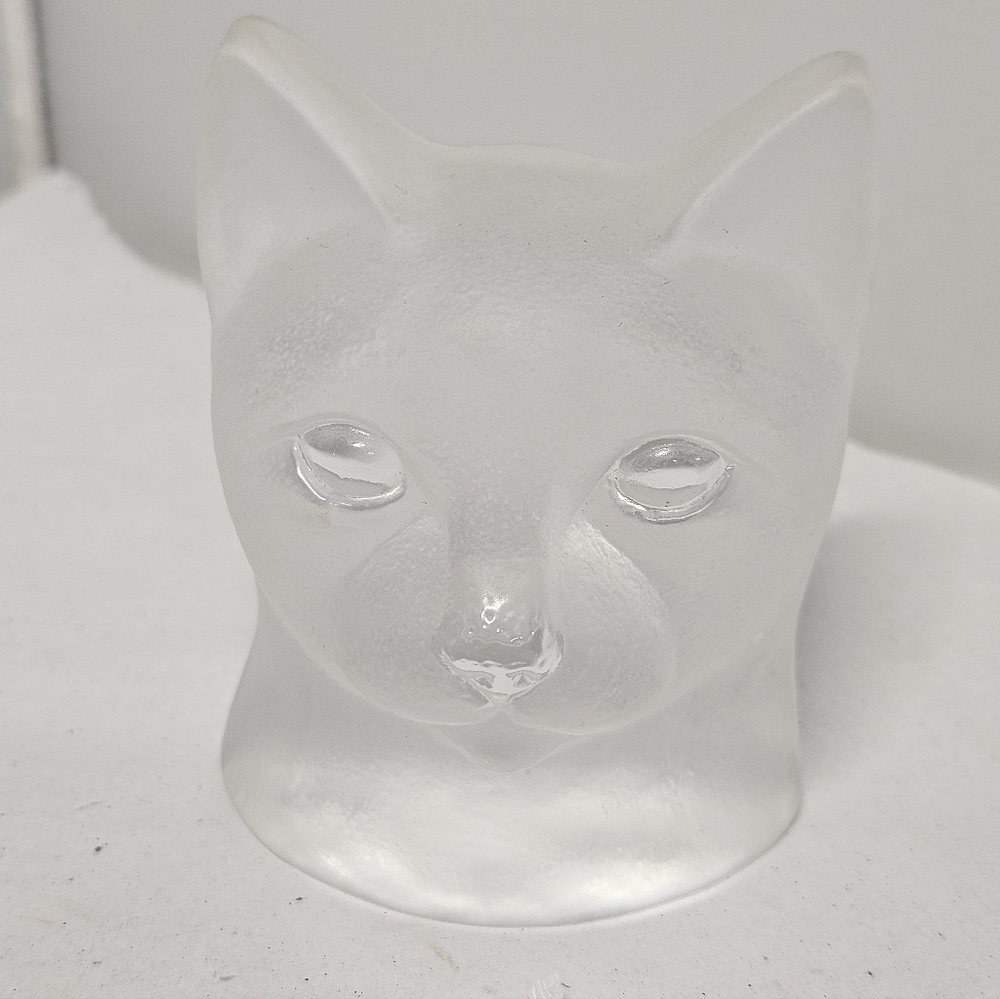 Vintage Nybro Sweden Frosted Art Glass Cat Head Paperweight Figurine Figure